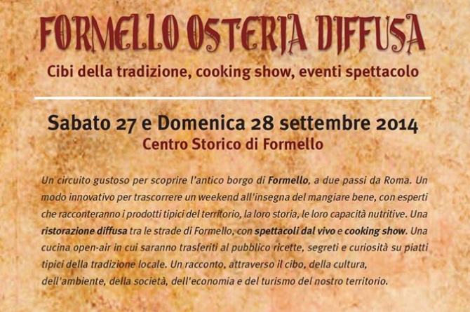 Il 27 e 28 settembre a Formello torna Formello Osteria Diffusa Il 27 e 28 settembre a Formello torna Formello Osteria Diffusa