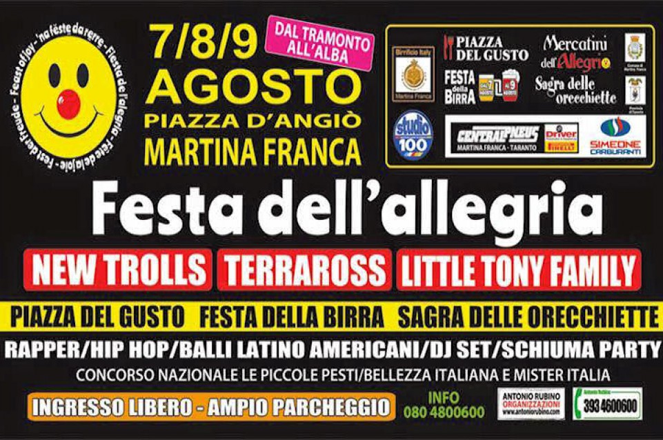 Dal 7 al 9 agosto a Martina Franca arriva la "Festa dell'Allegria"